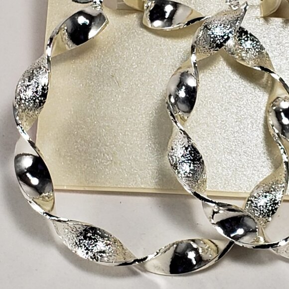 Silver Tone Polished & Textured design Big Twisted Hoop Earrings - Stylish Women - Picture 3 of 6